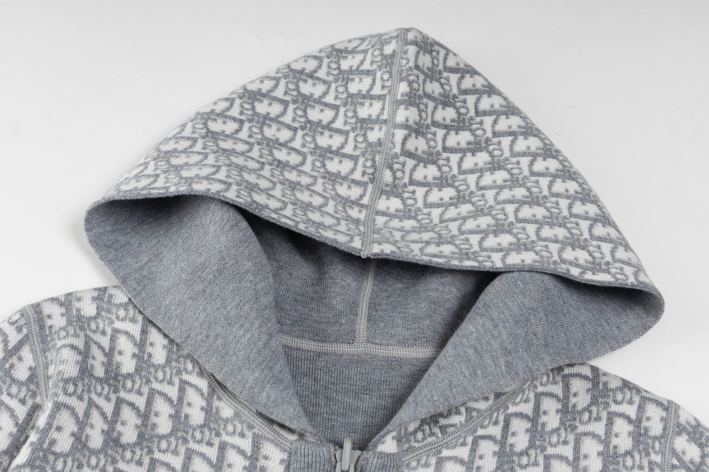 Christian Dior Reversible Jacquard Cashmere Knit Hooded Jacket in Grey