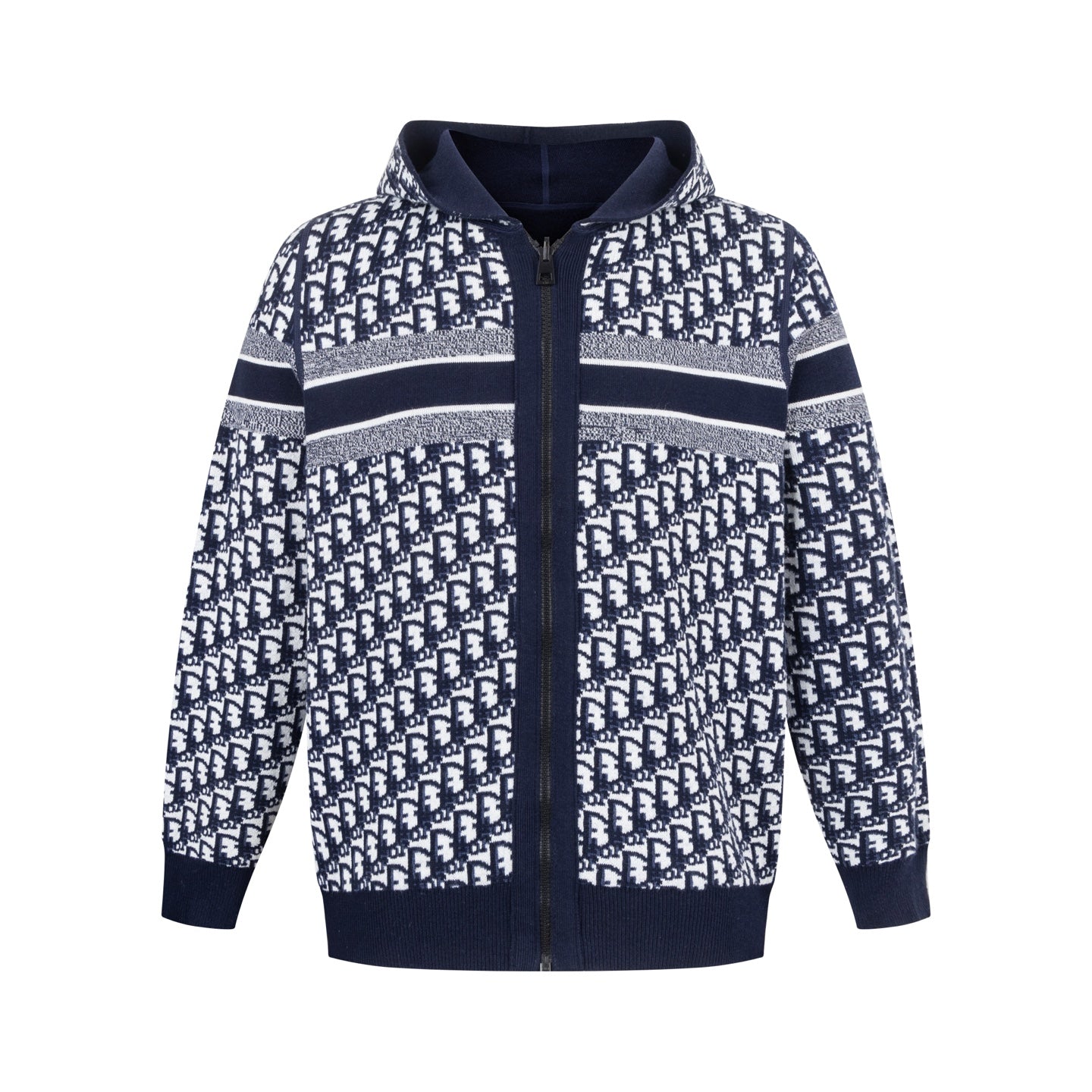 Christian Dior Reversible Jacquard Cashmere Knit Hoodie Jacket - Navy Blue