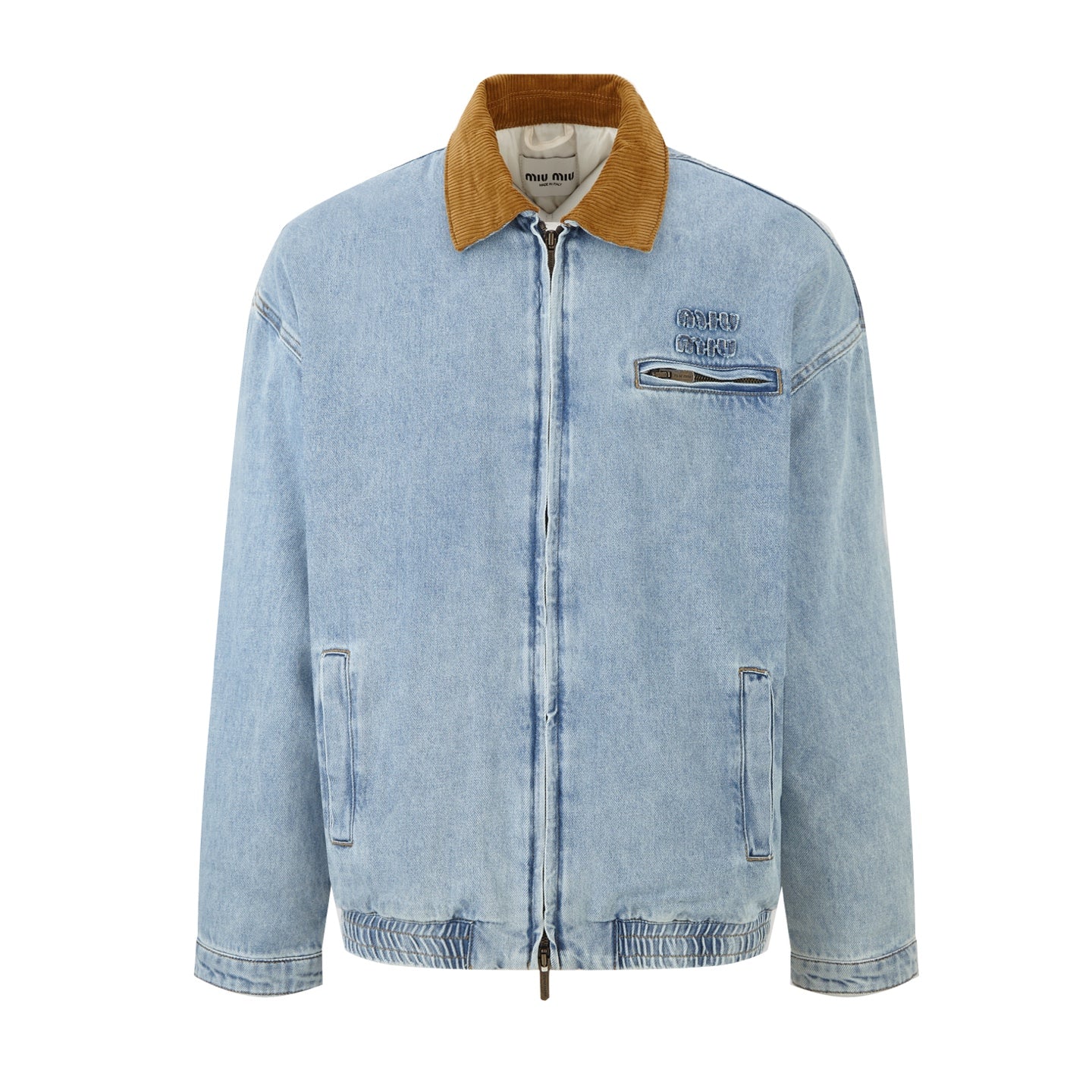 Miu Miu Denim Jacket with Corduroy Collar and Embroidered Pocket