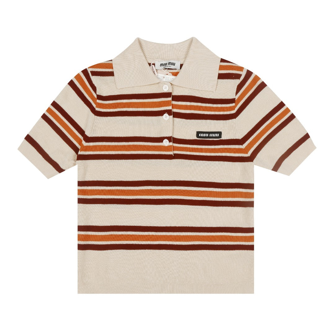 Miu Miu 2025SS Striped Tencel Knit Polo Shirt – Short Sleeve Collared Tee