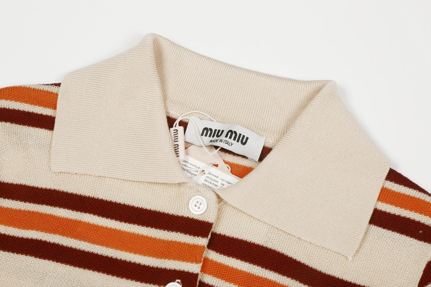 Miu Miu 2025SS Striped Tencel Knit Polo Shirt – Short Sleeve Collared Tee