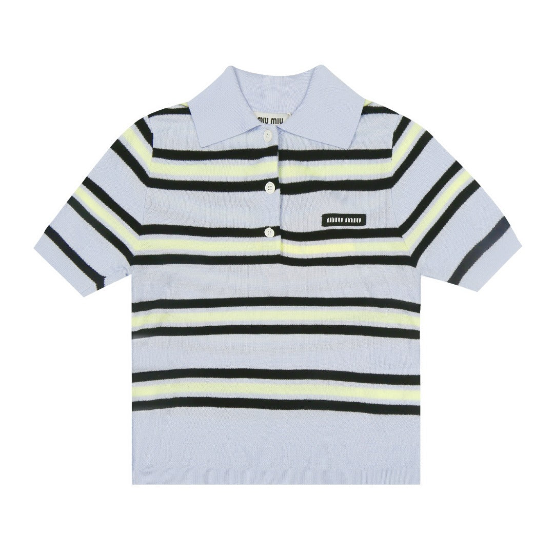 Miu Miu 2025SS Striped Tencel Knit Polo Shirt