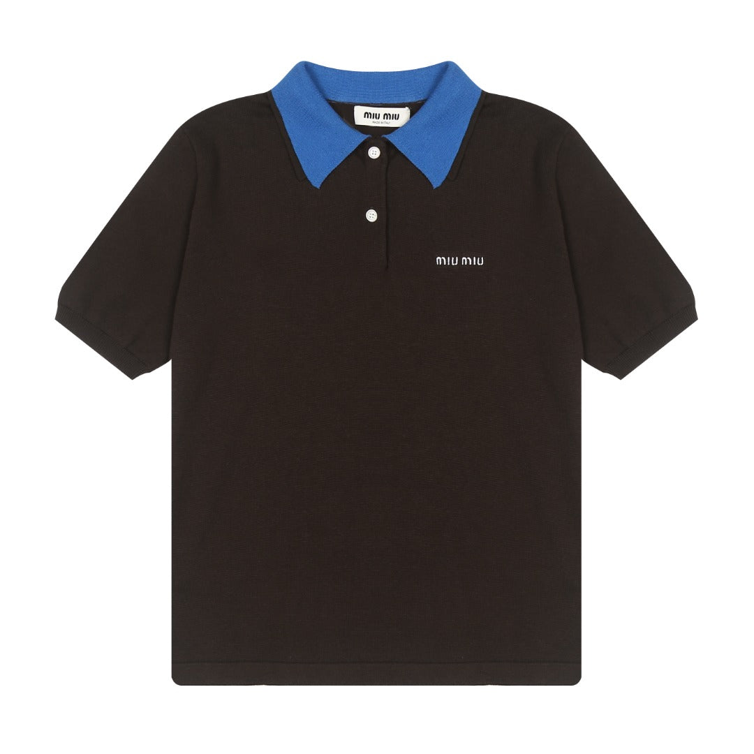Miu Miu 2025SS Contrast Collar Polo Knit T-Shirt – Brown & Blue