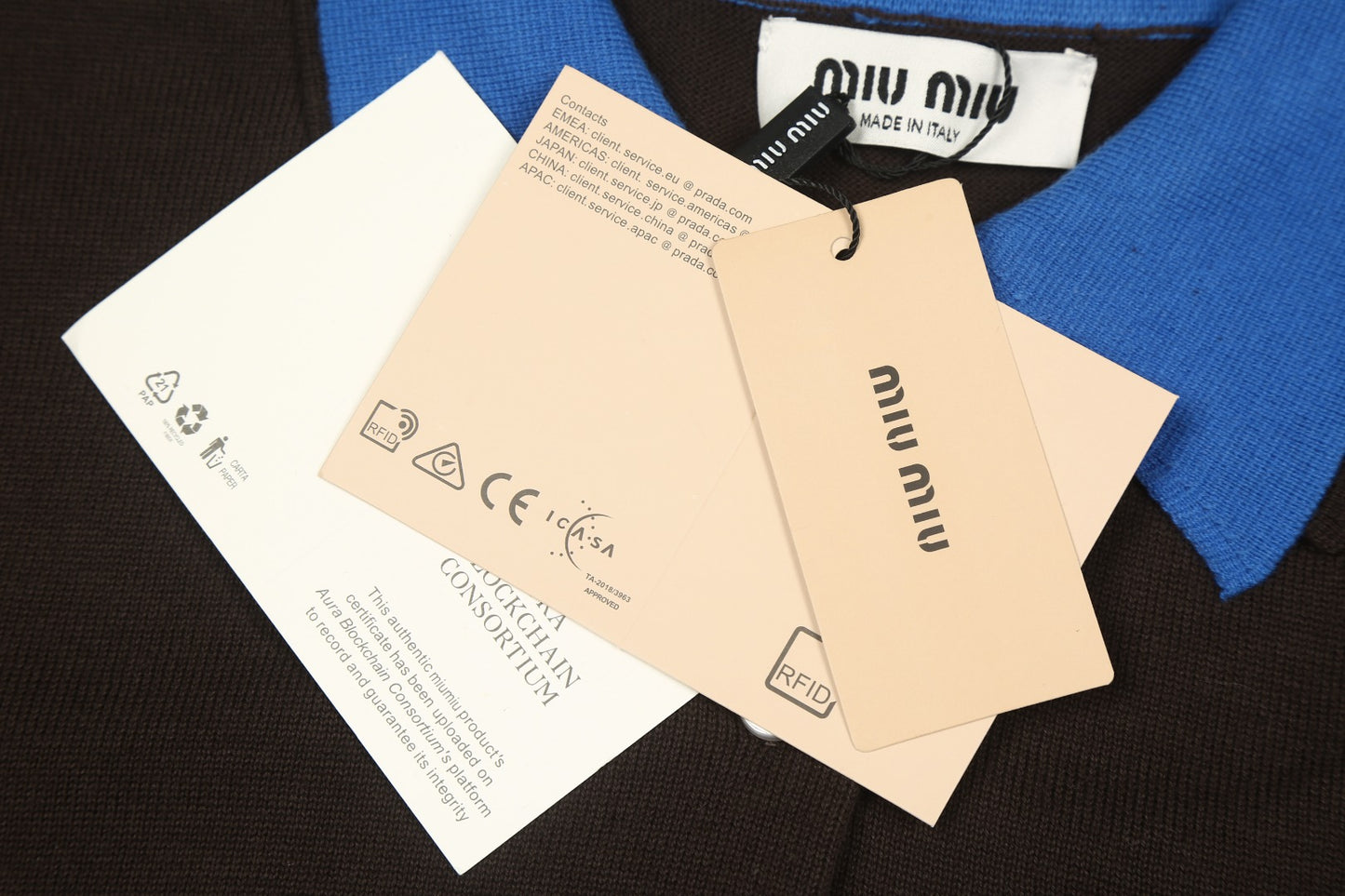 Miu Miu 2025SS Contrast Collar Polo Knit T-Shirt – Brown & Blue