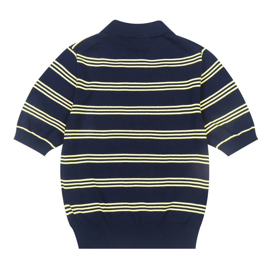 Miu Miu 2025SS Striped Polo Knit T-Shirt – Navy Blue & Yellow