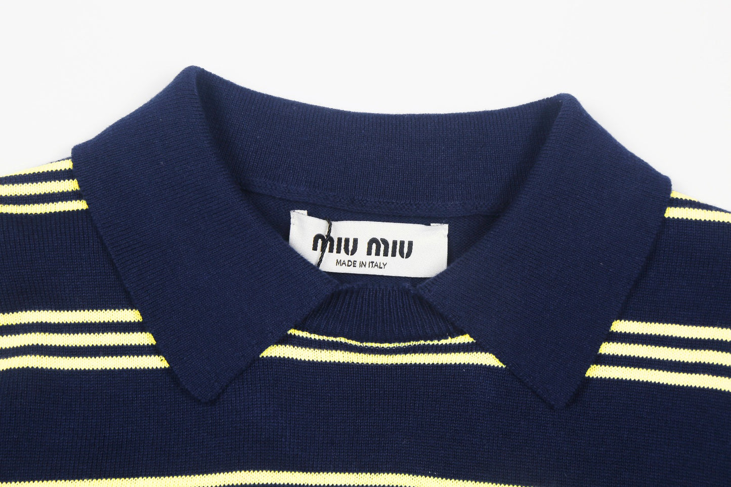 Miu Miu 2025SS Striped Polo Knit T-Shirt – Navy Blue & Yellow