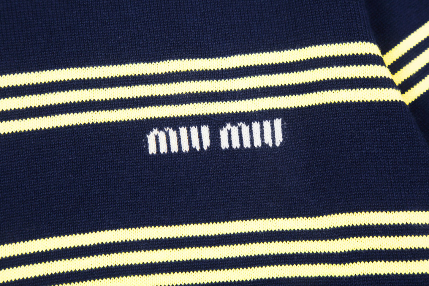 Miu Miu 2025SS Striped Polo Knit T-Shirt – Navy Blue & Yellow