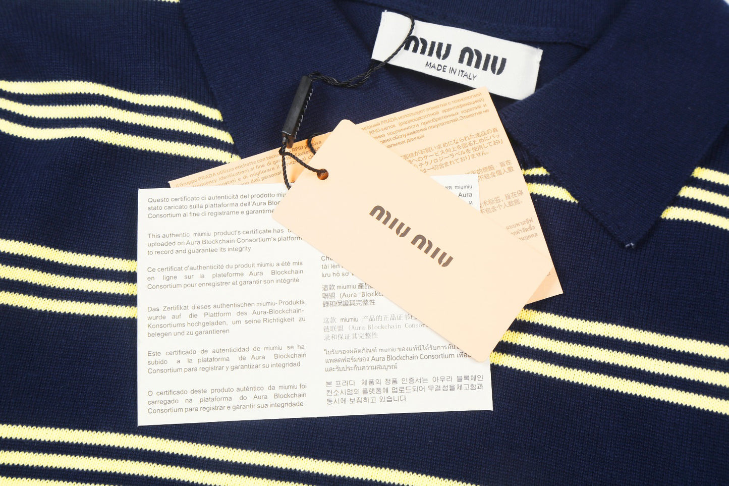 Miu Miu 2025SS Striped Polo Knit T-Shirt – Navy Blue & Yellow