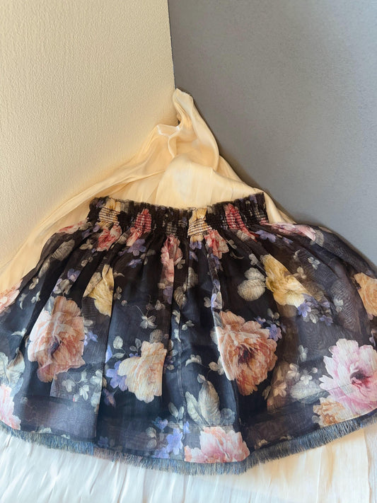 Zimmermann black floral embroidered tulle skirt with elastic waist and fringe hem