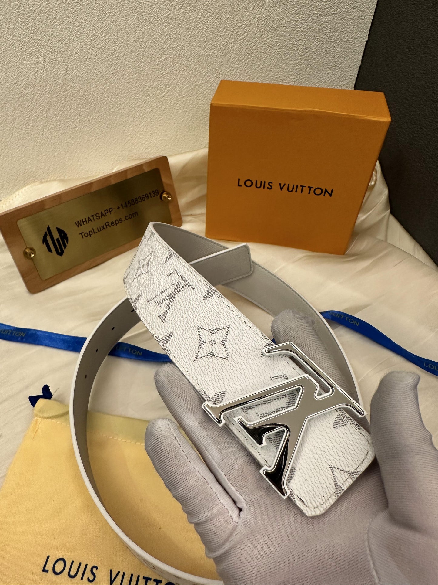 Louis Vuitton monogram white belt with silver LV buckle