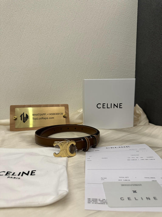 Celine brown leather belt with gold Triomphe buckle