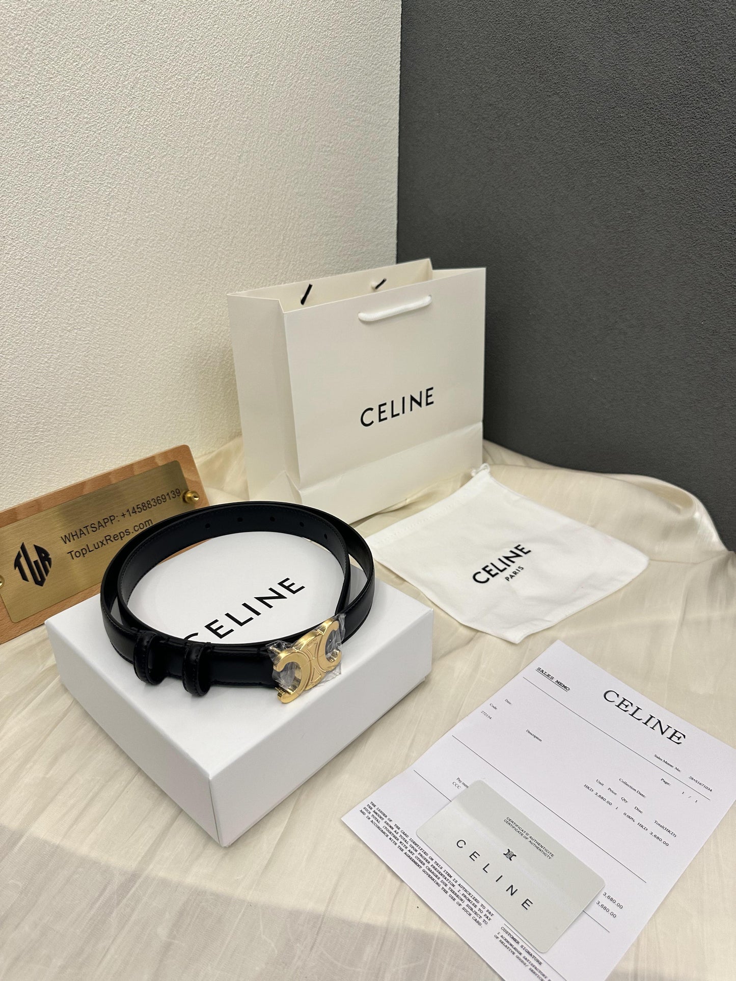 Celine black leather belt with gold Triomphe buckle