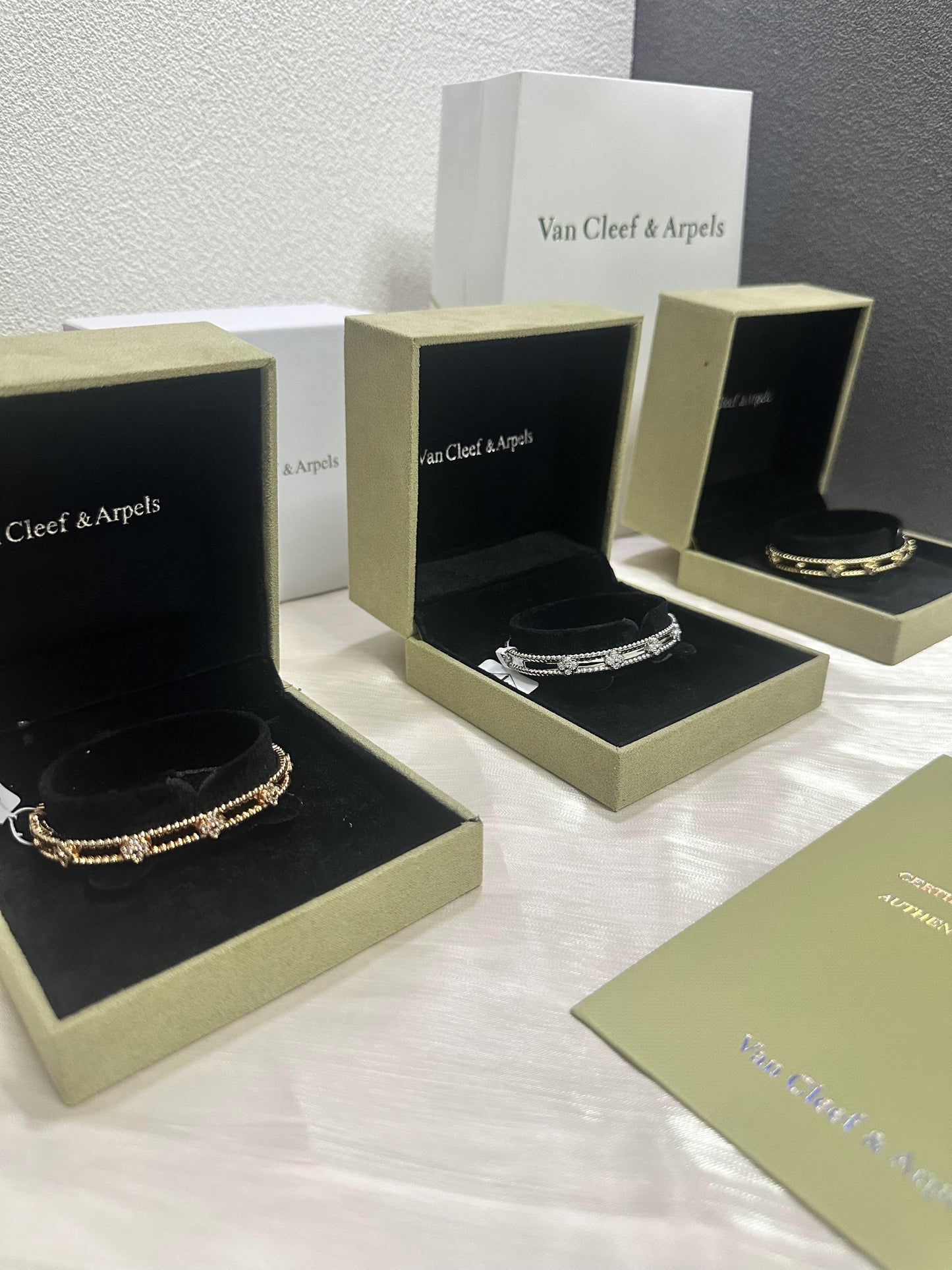 Van Cleef & Arpels Perlée Clover diamond bracelets – yellow gold & white gold & rose gold