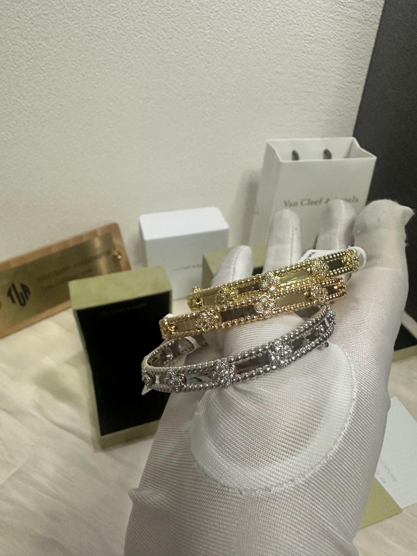 Van Cleef & Arpels Perlée Clover diamond bracelets – yellow gold & white gold & rose gold