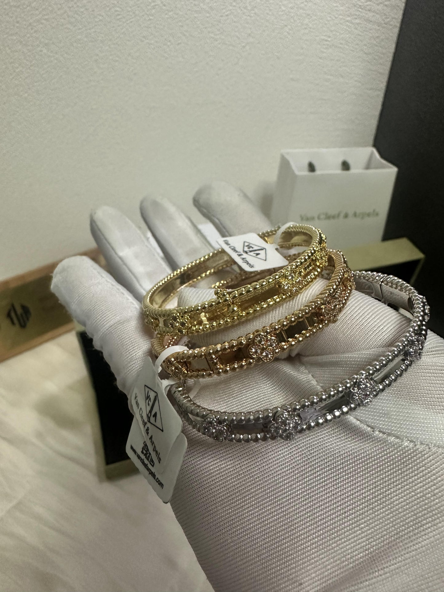 Van Cleef & Arpels Perlée Clover diamond bracelets – yellow gold & white gold & rose gold