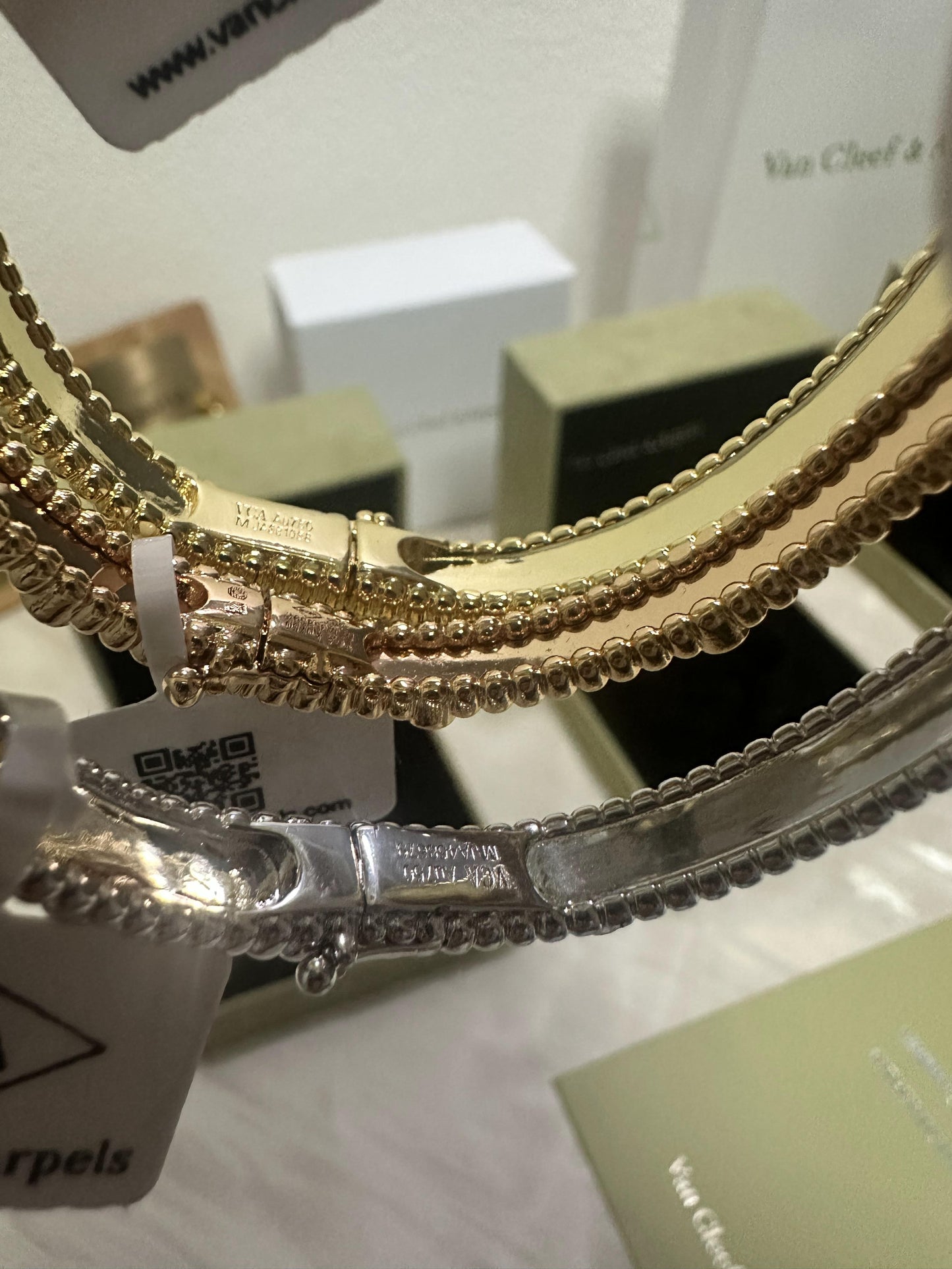 Van Cleef & Arpels Perlée Clover diamond bracelets – yellow gold & white gold & rose gold