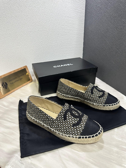 Chanel Black & Beige Tweed Espadrille Flat Shoes with CC Logo