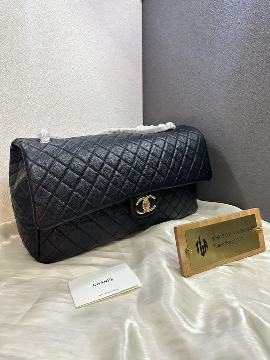 Chanel Black Caviar Quilted Leather Jumbo Bag with Gold CC Logo