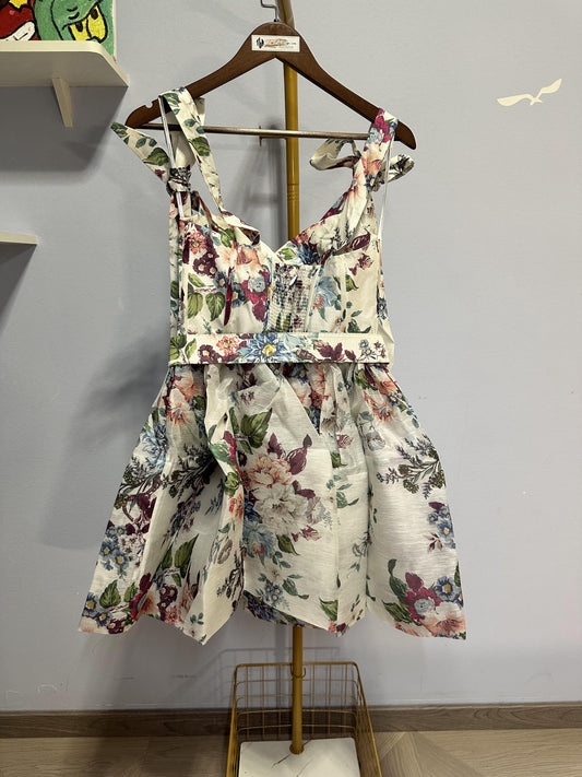 Zimmermann floral print dress with bow shoulder straps and matching belt