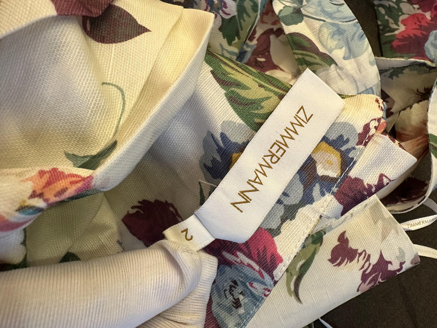 Zimmermann floral print dress with bow shoulder straps and matching belt