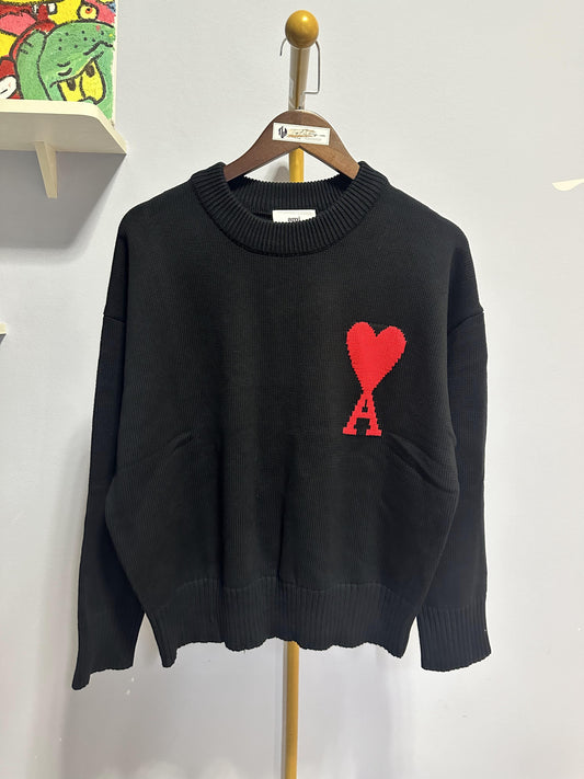 Ami heart embroidered black knit sweater - cozy pullover with signature red "A" logo