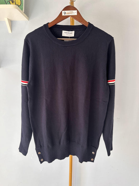 Thom Browne classic navy sweater with signature stripe detail