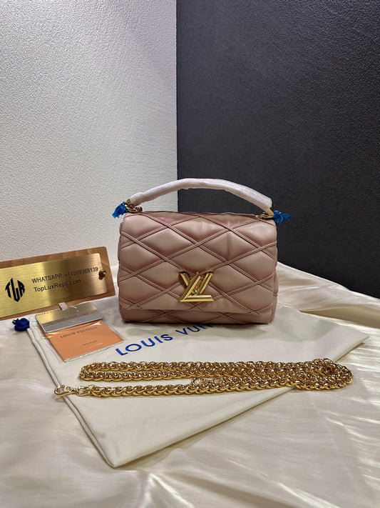 Title: Louis Vuitton New Wave Pink Quilted Leather Chain Bag with Gold LV Logo