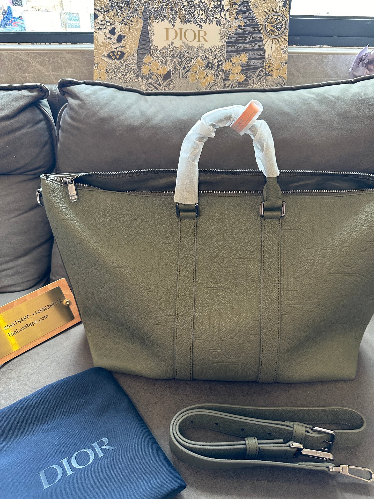 Dior Men’s Embossed Calfskin Travel Tote Bag – Olive Green