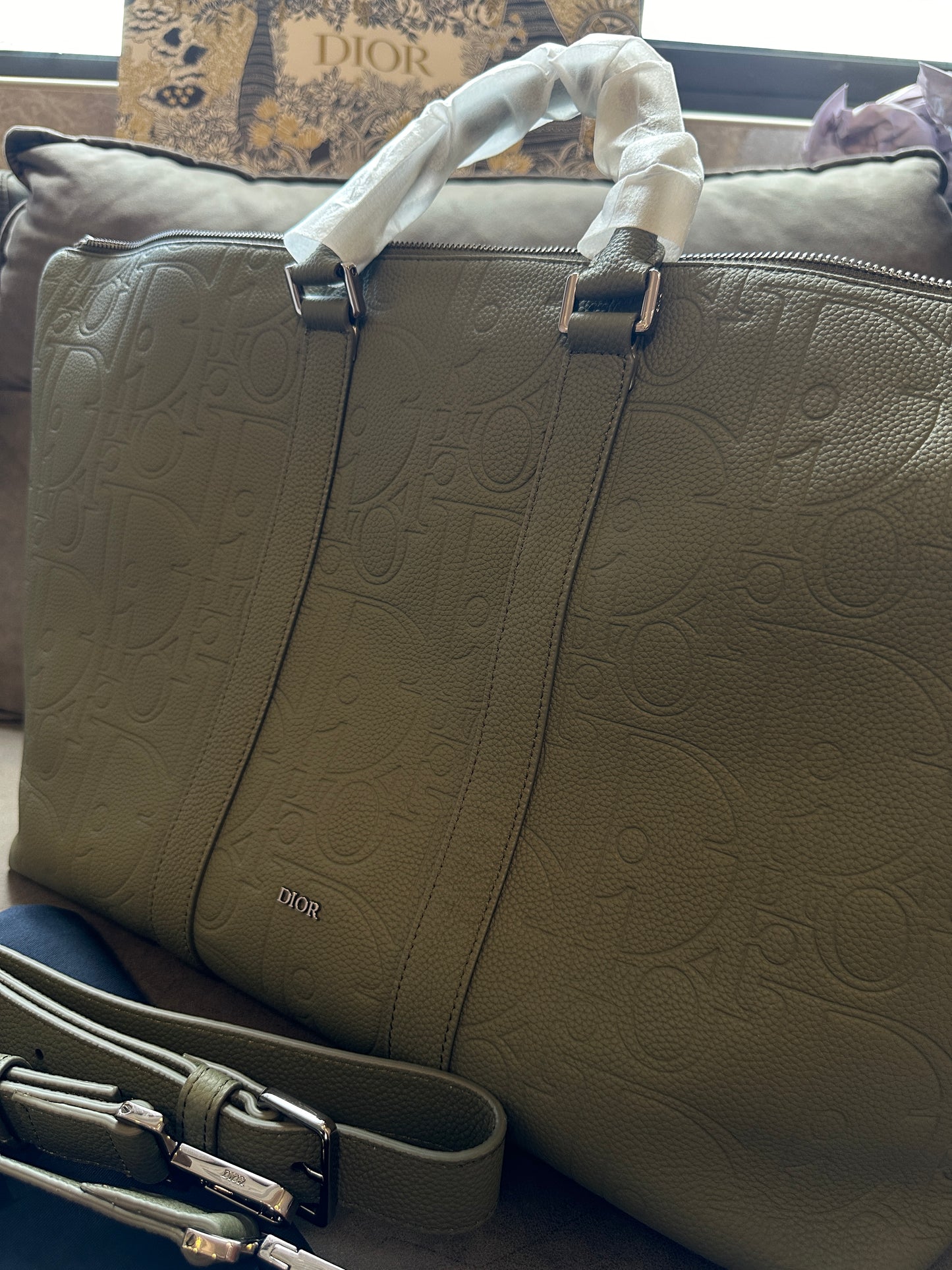 Dior Men’s Embossed Calfskin Travel Tote Bag – Olive Green