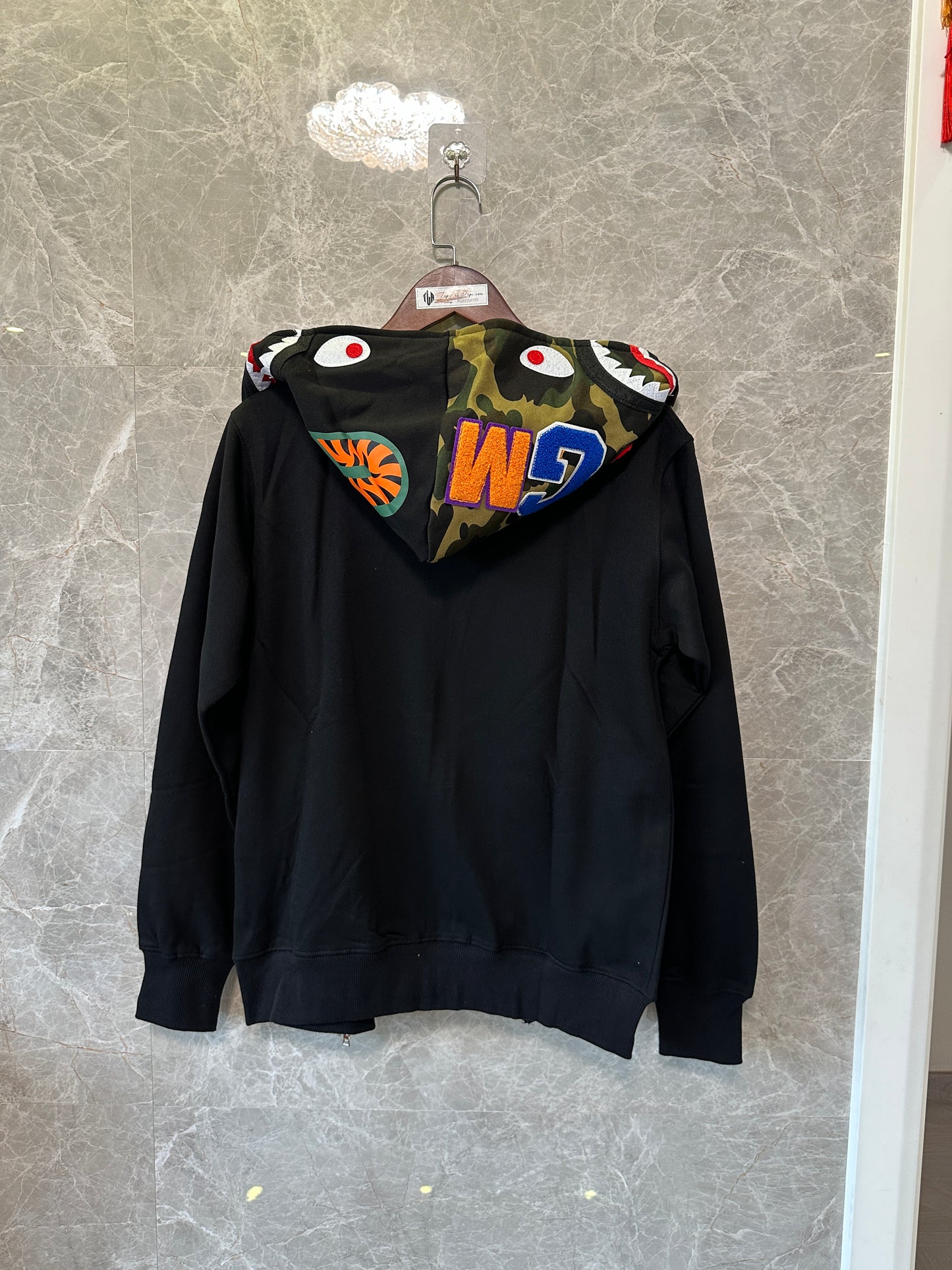 BAPE Shark Full Zip Hoodie Black with Camo Hood WGM Embroidery