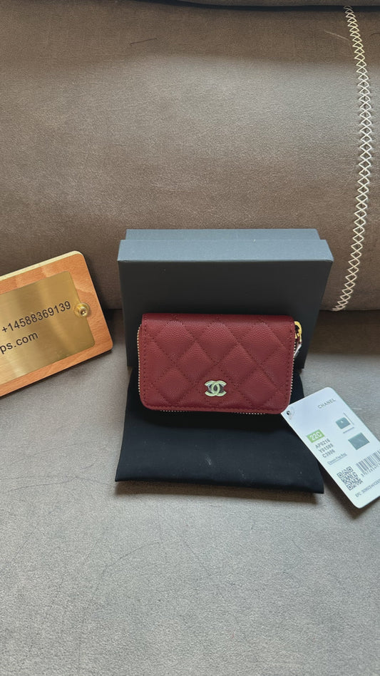 Chanel Quilted Burgundy Caviar Leather Zipped Coin Purse