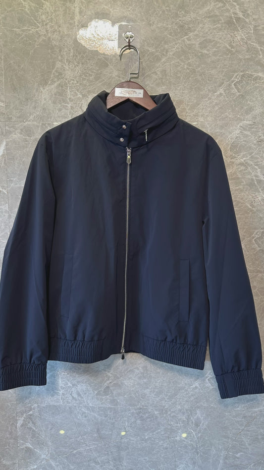 Brunello Cucinelli Men’s Navy Blue Lightweight Bomber Jacket with High Collar