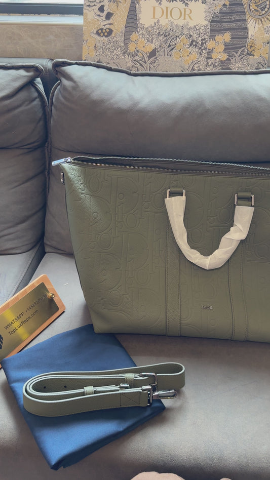 Dior Men’s Embossed Calfskin Travel Tote Bag – Olive Green