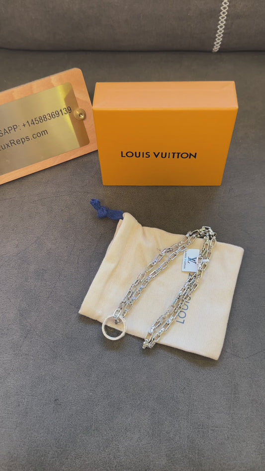 Louis Vuitton Silver Monogram Chain Necklace with Ring Pendant