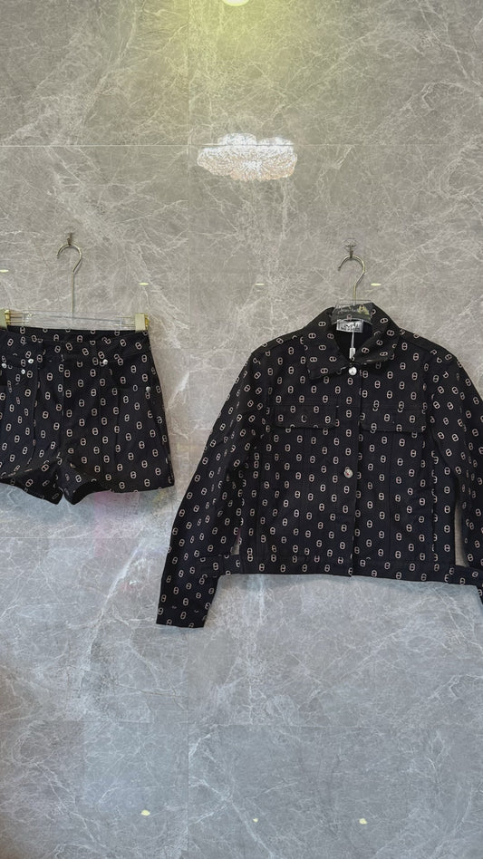 Hermès Black Geometric Print Jacket & High-Waist Shorts Set