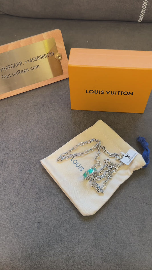 Louis Vuitton Silver Monogram Chain Necklace with Green Enamel Ring