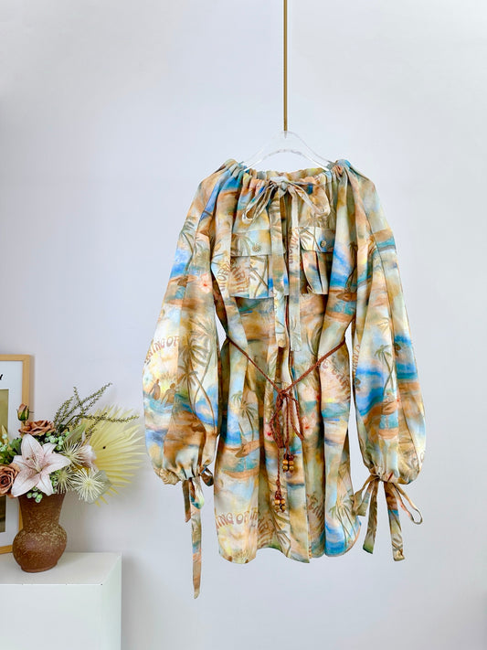 Robe courte en lin Zimmermann « ILLUMINATE » avec col à cordon et manches ballon – SS 2025