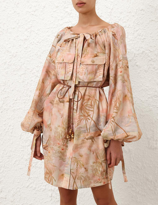 Robe courte Zimmermann « ILLUMINATE » à imprimé goyave/bleu lever de soleil – SS25
