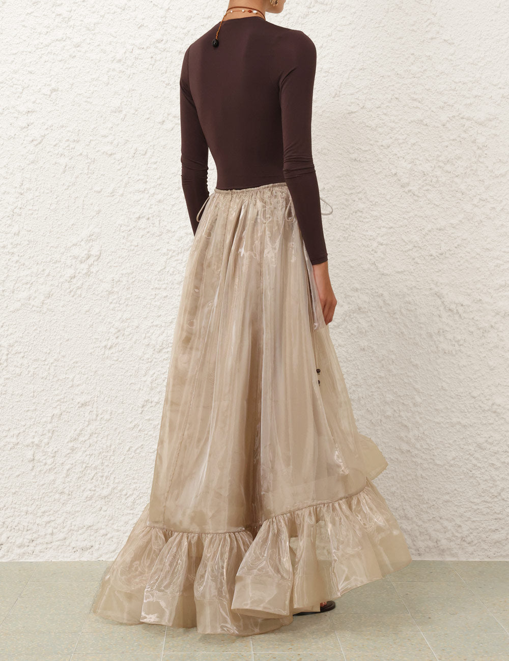 Jupe à volants en soie Illuminate SS Zimmermann 2025 – Imprimé agate dorée