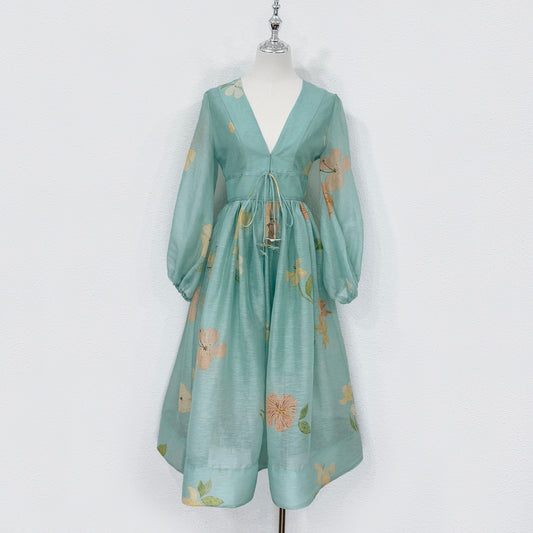 Robe midi fleurie en soie et lin vert Zimmermann avec cordon de serrage à la taille