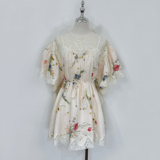 Mini-robe en lin fleuri Zimmermann avec détails en dentelle et jupon