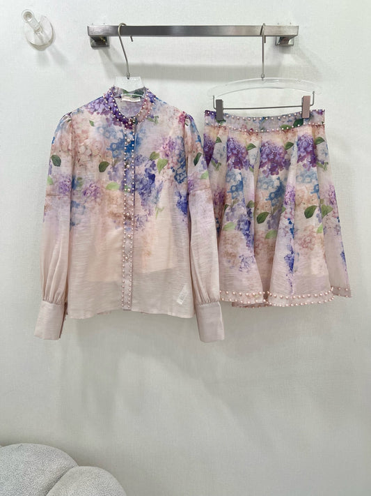 Zimmermann 2025 Pearl-Trimmed Floral Blouse and High-Waisted Skirt Set
