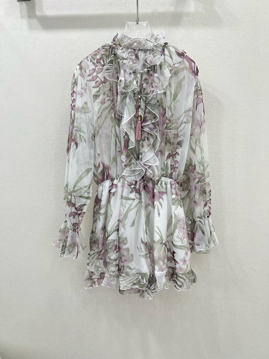 Robe courte fleurie à volants et col noué Zimmermann avec manches lanternes