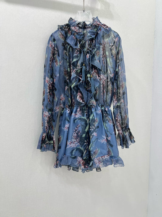 Robe courte à volants et fleurs bleues Zimmermann, col noué et manches lanternes