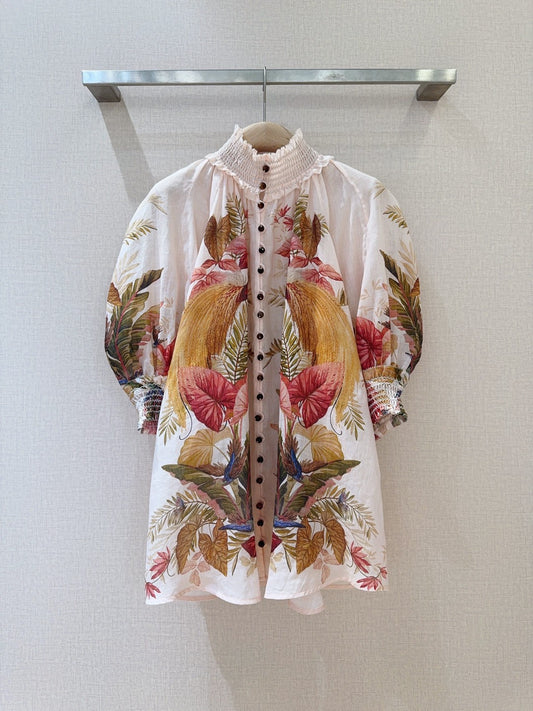 Zimmermann Cream Palm Print Linen Blouse with High Neck and Puff Sleeves