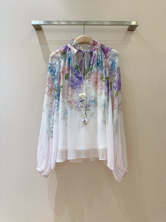 Chemisier à manches lanternes et col noué à volants, imprimé hortensias Zimmermann