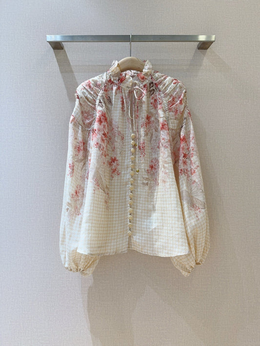 Chemisier à manches lanternes et imprimé floral corail Zimmermann avec boutons en coquille de noix de coco