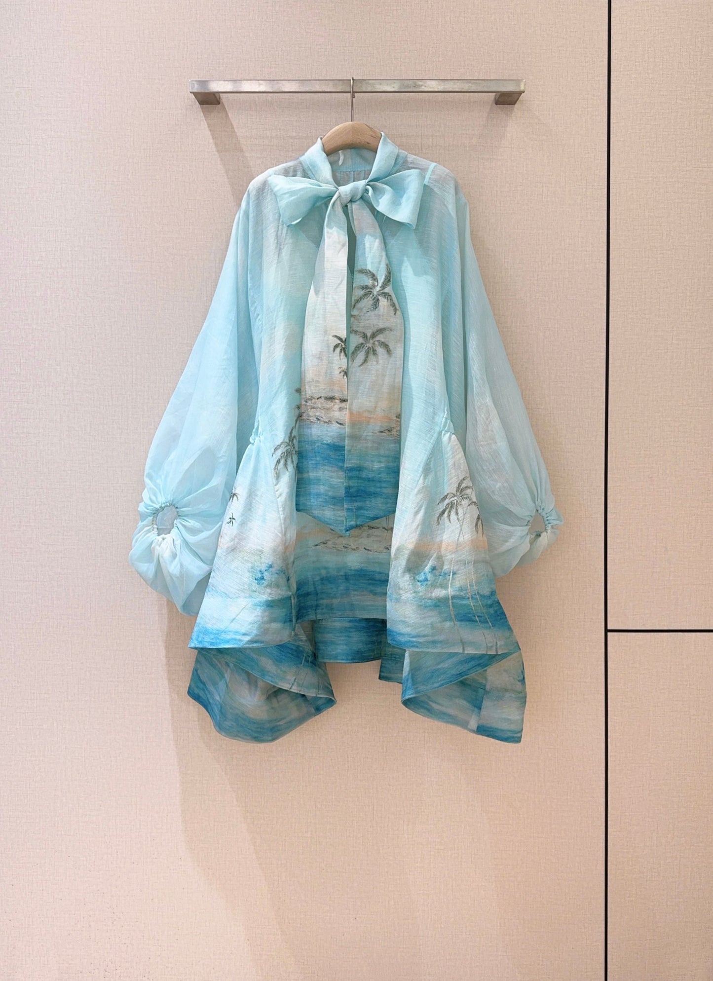 Robe courte à imprimé côtier Zimmermann avec nœud papillon et manches ballon