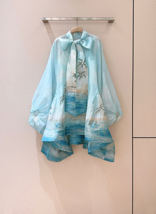 Robe courte à imprimé côtier Zimmermann avec nœud papillon et manches ballon