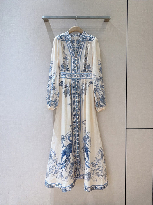 Robe midi en lin brodée de fleurs crème et bleue Zimmermann